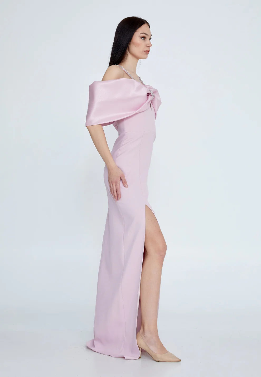 Blush Bow-Back Crepe Gown
