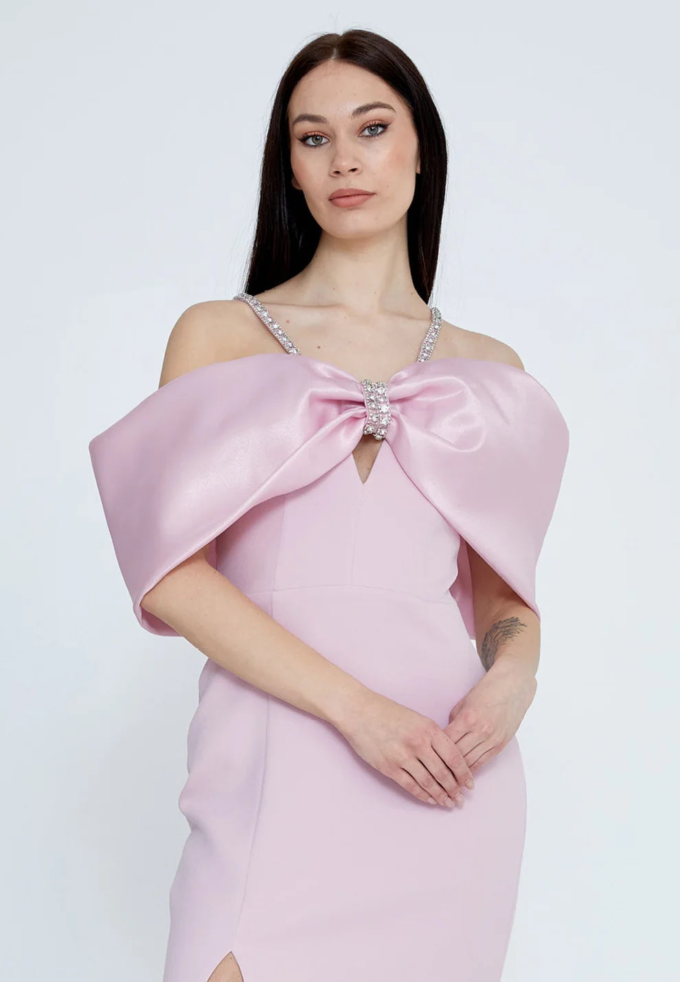 Blush Bow-Back Crepe Gown