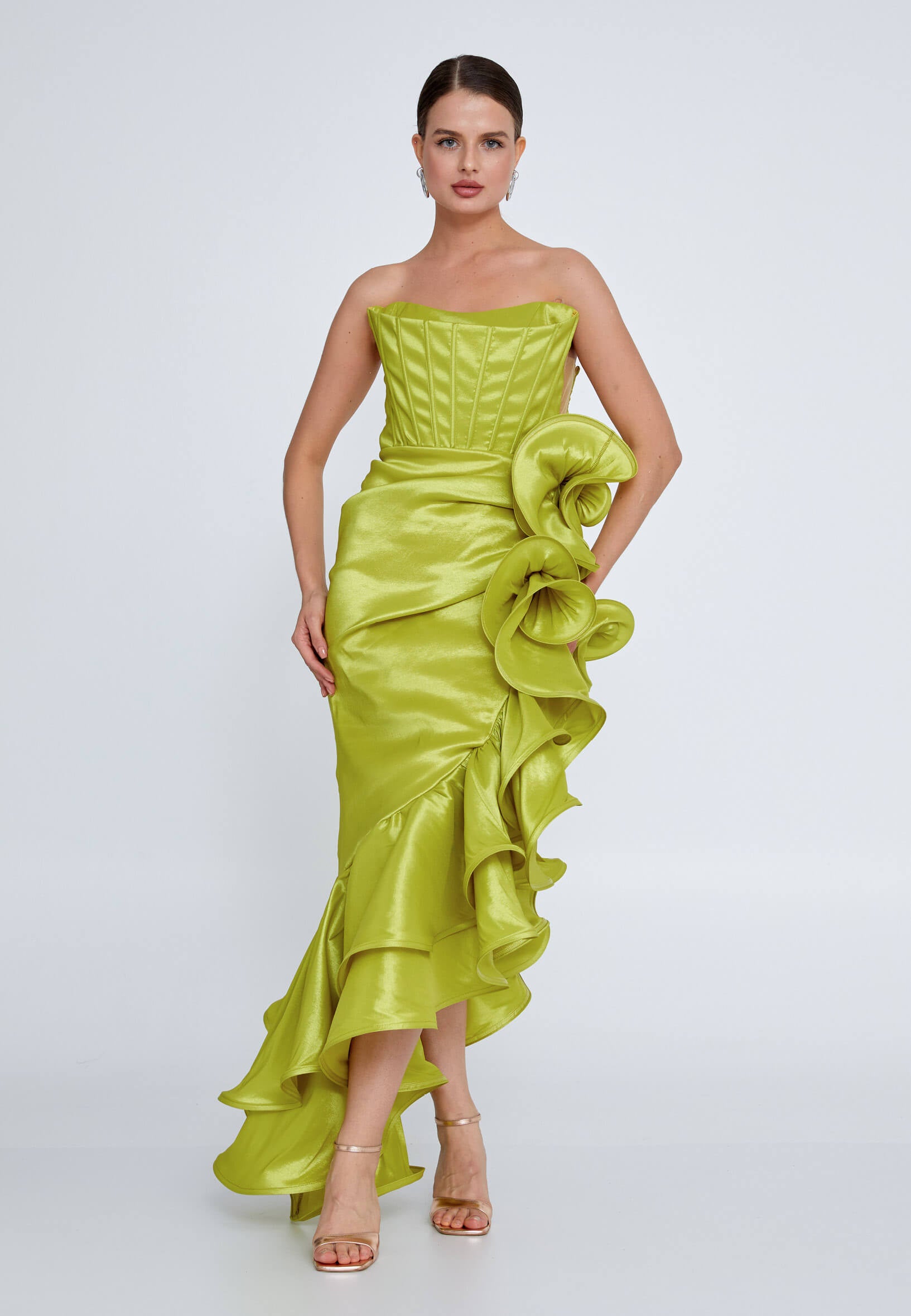 Bella Strapless Ruffle Gown - Chartreuse