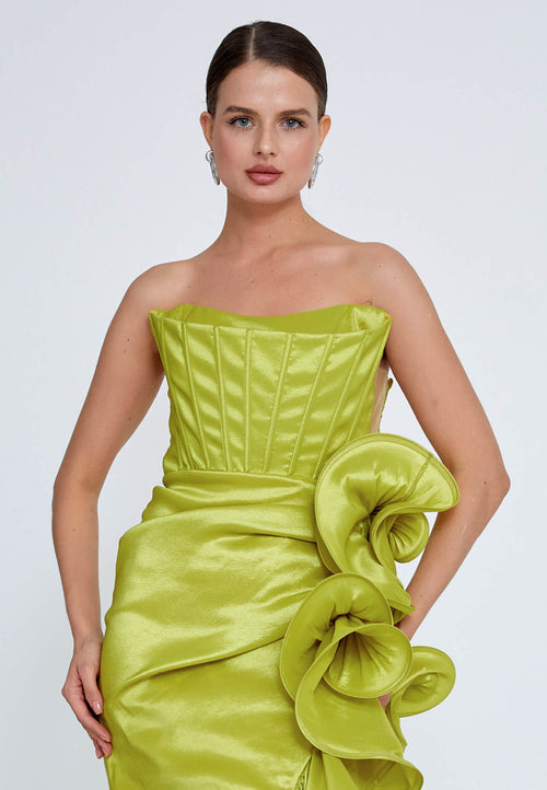 Bella Strapless Ruffle Gown - Chartreuse