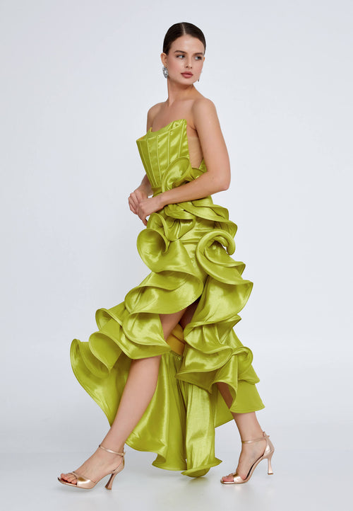 Bella Strapless Ruffle Gown - Chartreuse