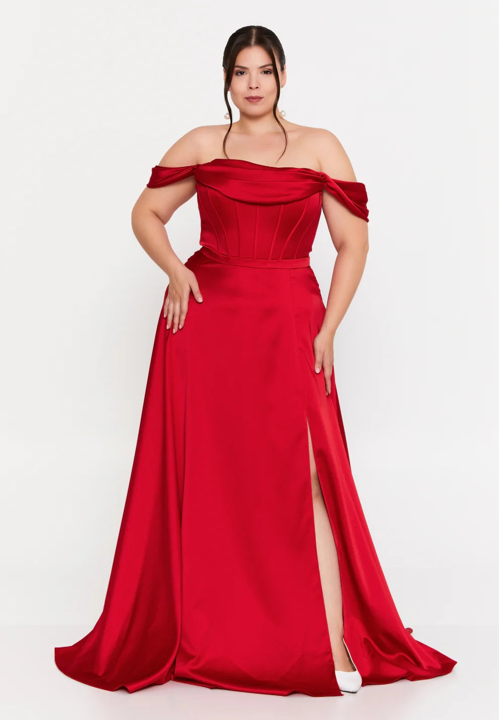 Scarlet Duchess Off-Shoulder Satin Gown (Plus Size)