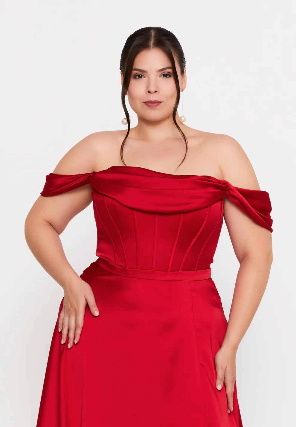 Scarlet Duchess Off-Shoulder Satin Gown (Plus Size)