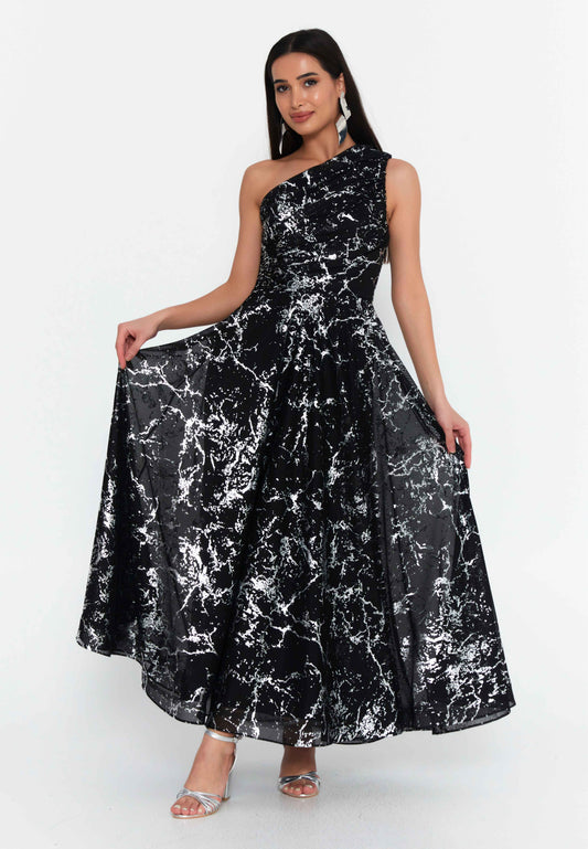 Dori One-Shoulder Maxi Dress — Black & Silver