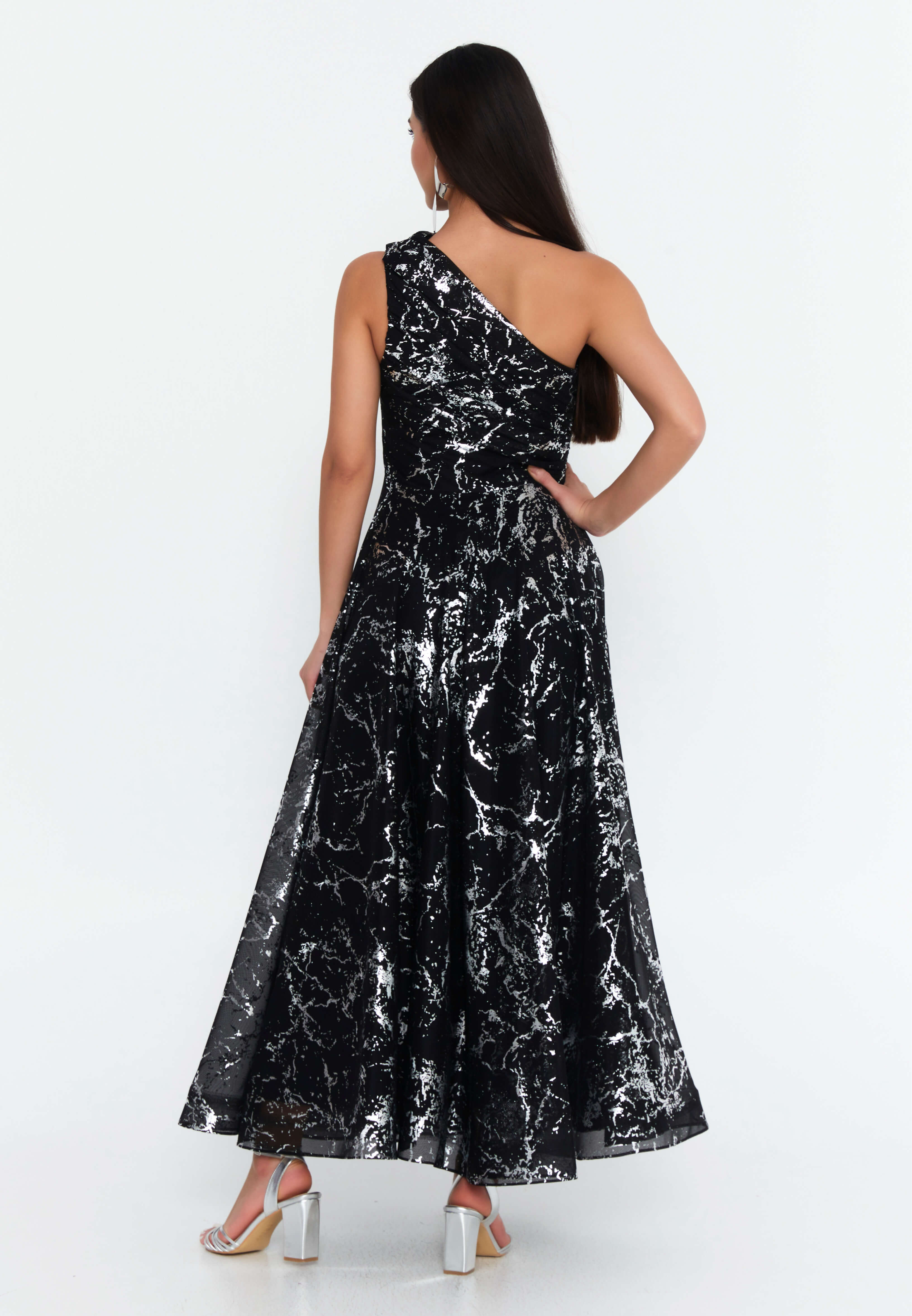 Dori One-Shoulder Maxi Dress — Black & Silver