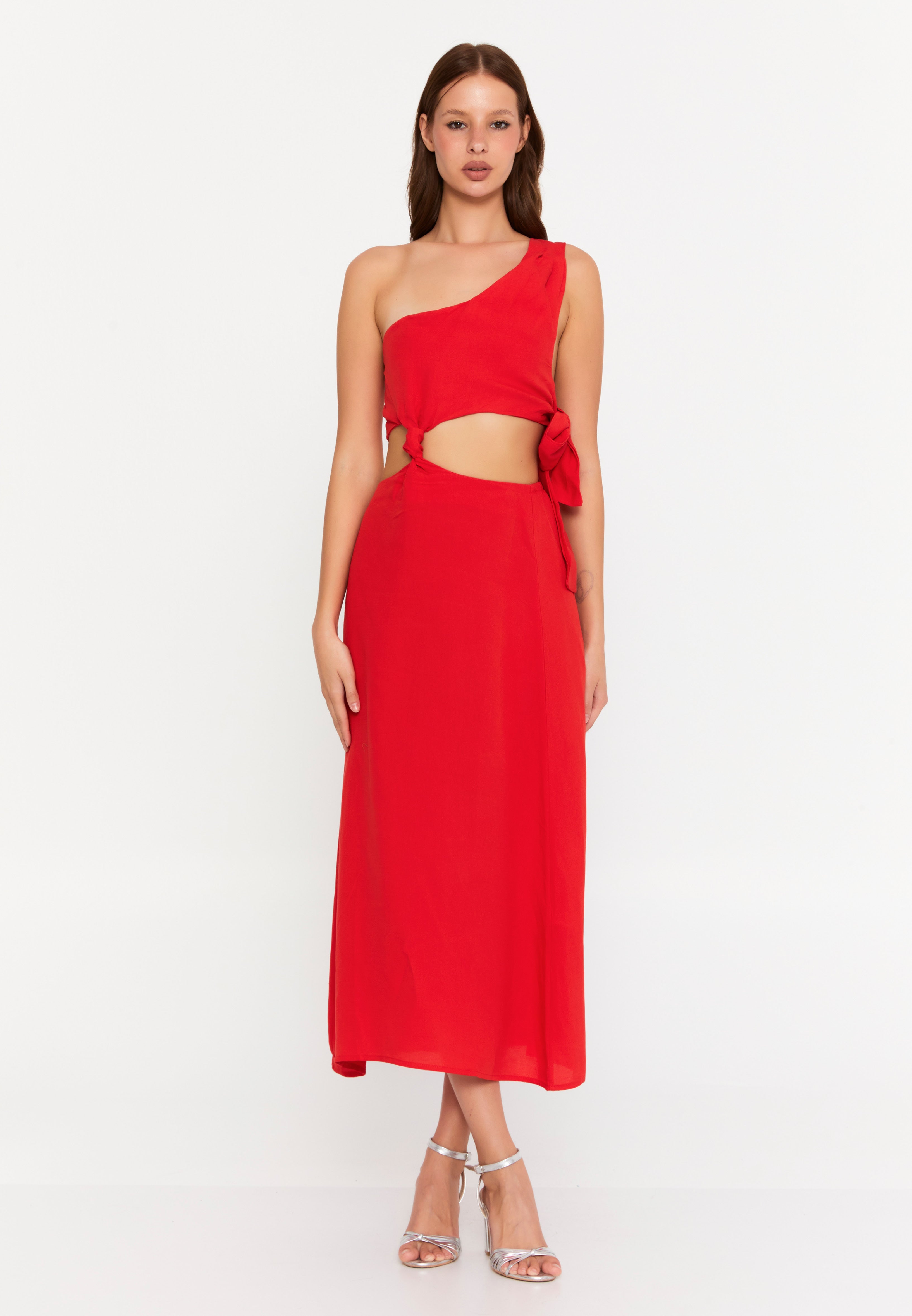 Solara One-Shoulder Linen Cutout Dress – Red