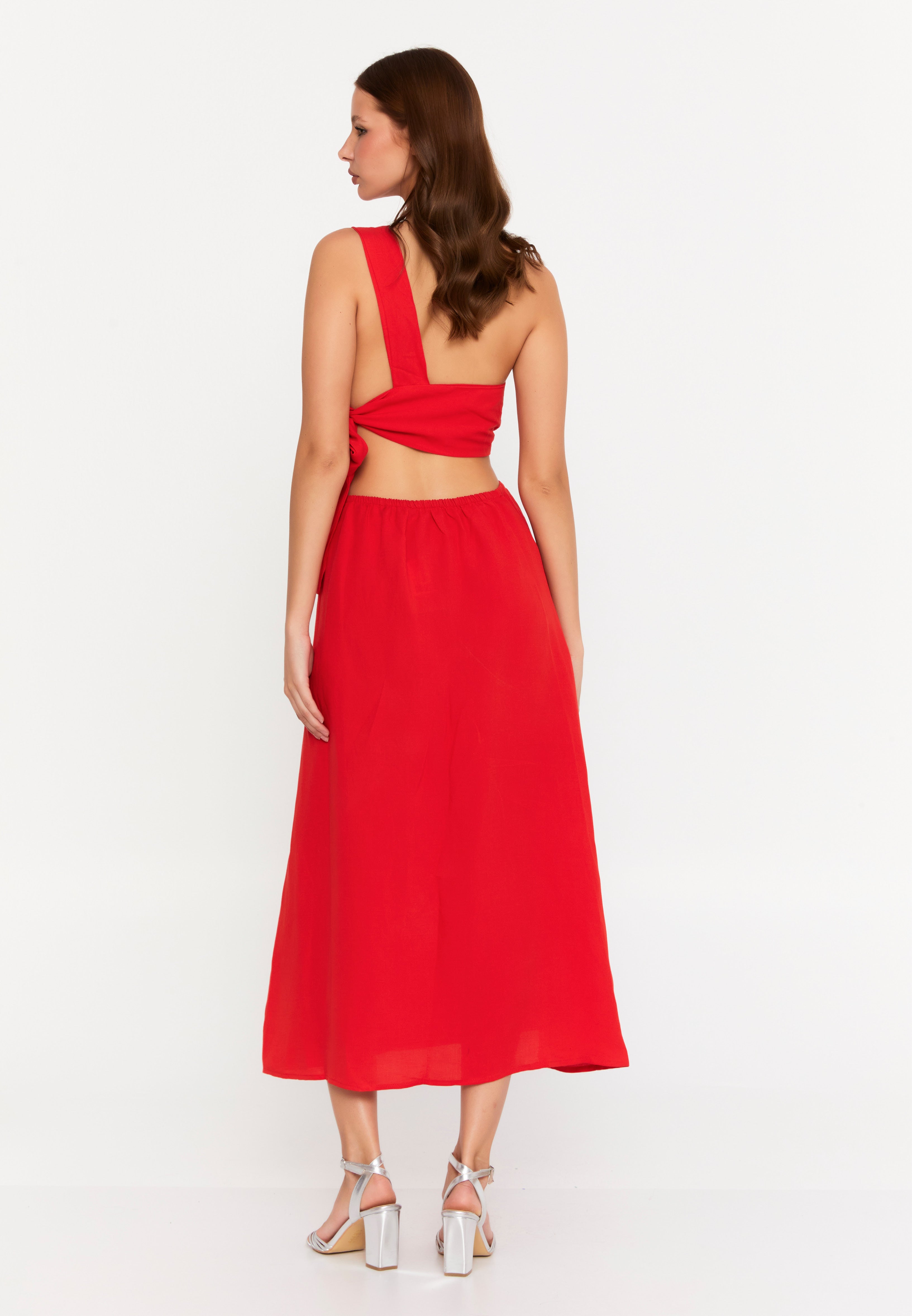 Solara One-Shoulder Linen Cutout Dress – Red