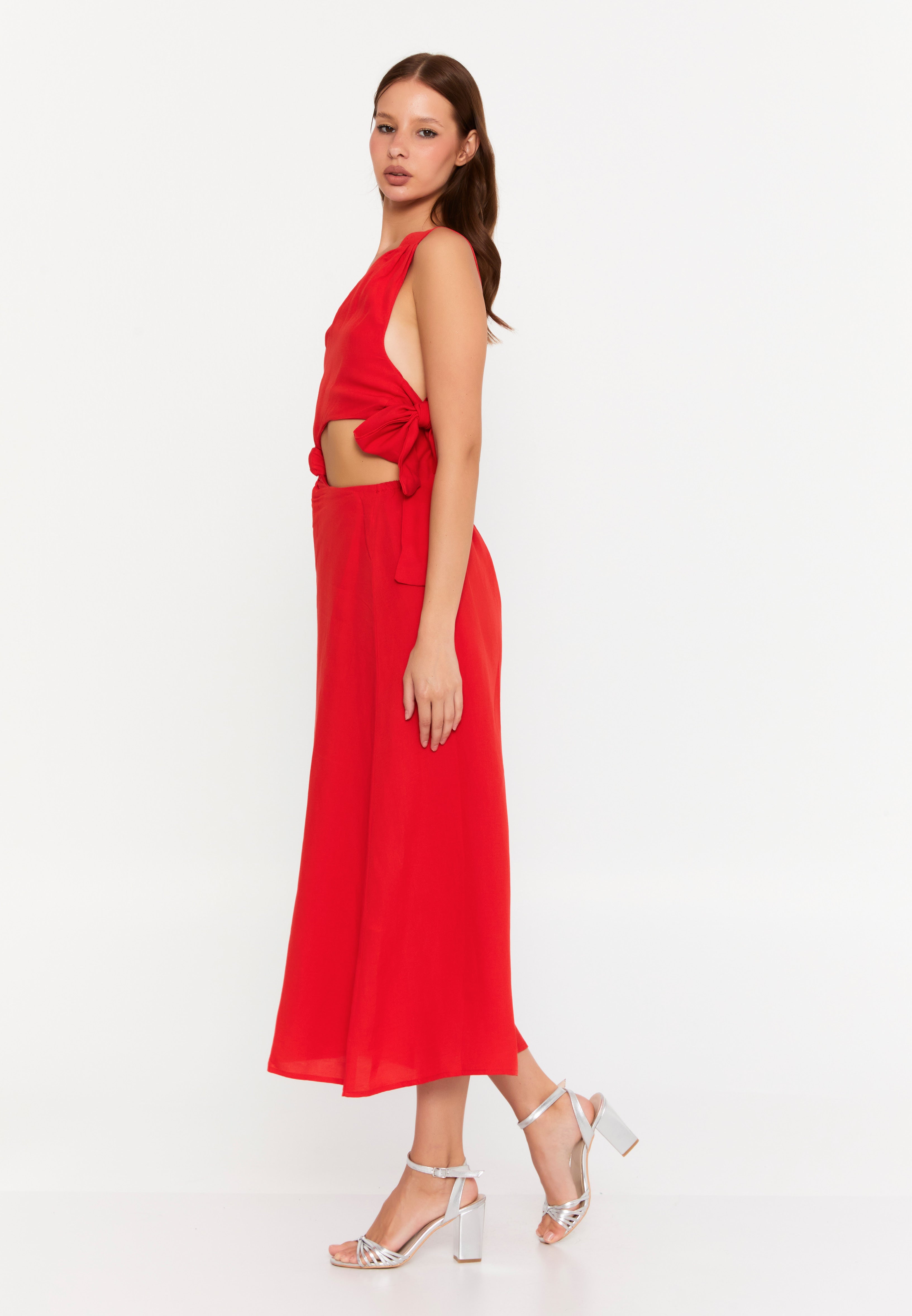Solara One-Shoulder Linen Cutout Dress – Red
