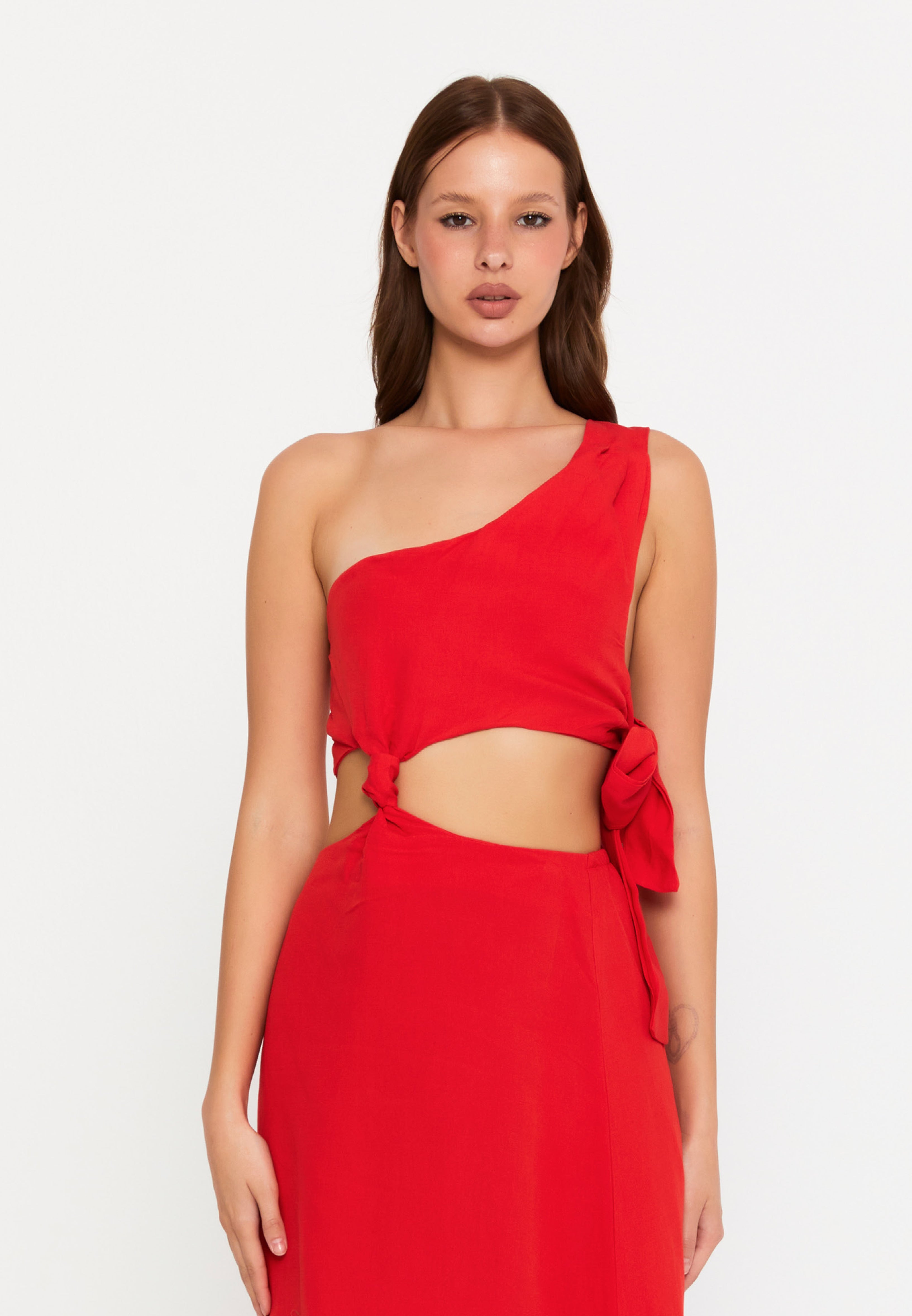 Solara One-Shoulder Linen Cutout Dress – Red