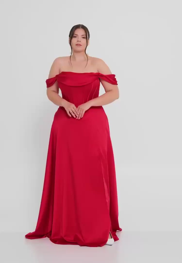 Scarlet Duchess Off-Shoulder Satin Gown (Plus Size)
