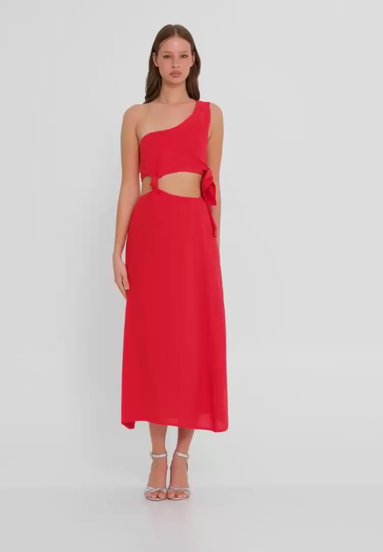 Solara One-Shoulder Linen Cutout Dress – Red